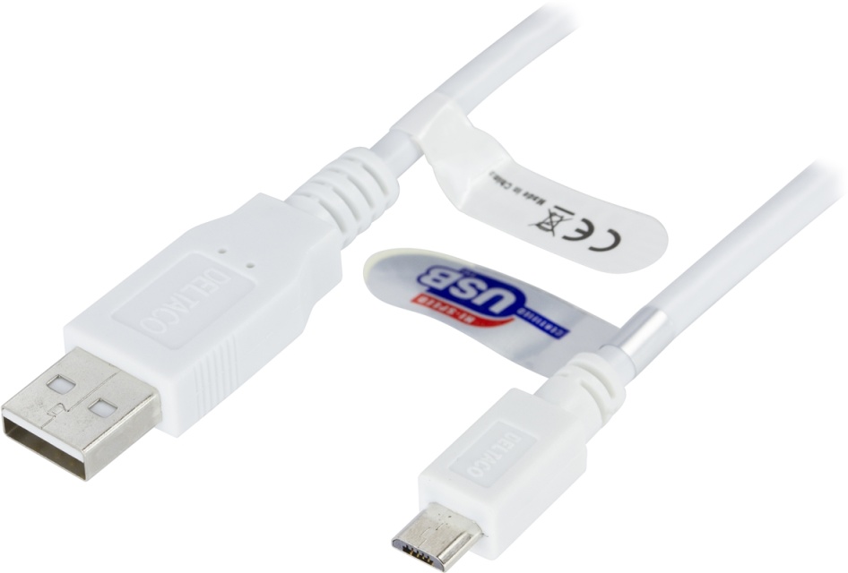 DELTACO USB 2.0 typ A till Micro-B USB, 5-pin, 3m, vit