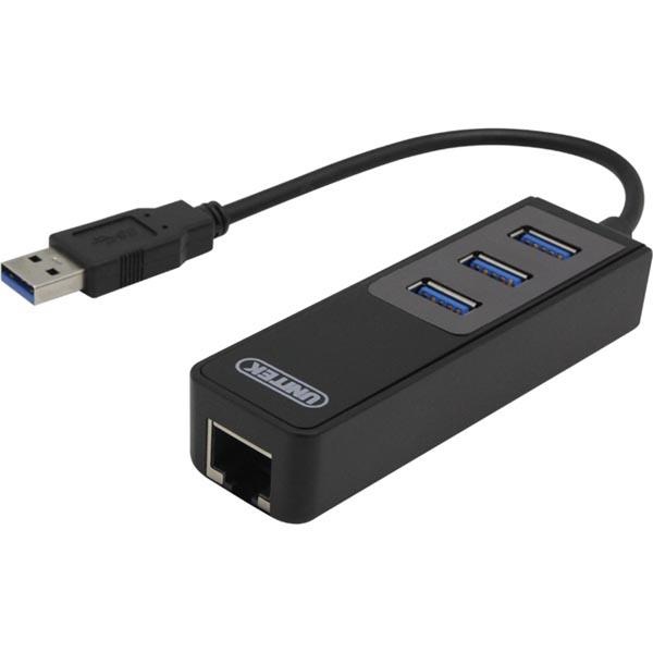 DELTACO nätverksadapter, 1xGigabitRJ45, 1xUSB3 A ha, 3x USB3 ho, svart