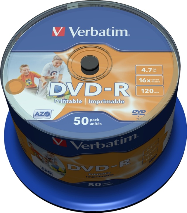 Verbatim DVD-R, 16x, 4,7 GB/120 min, 50-pack spindel, AZO, printable