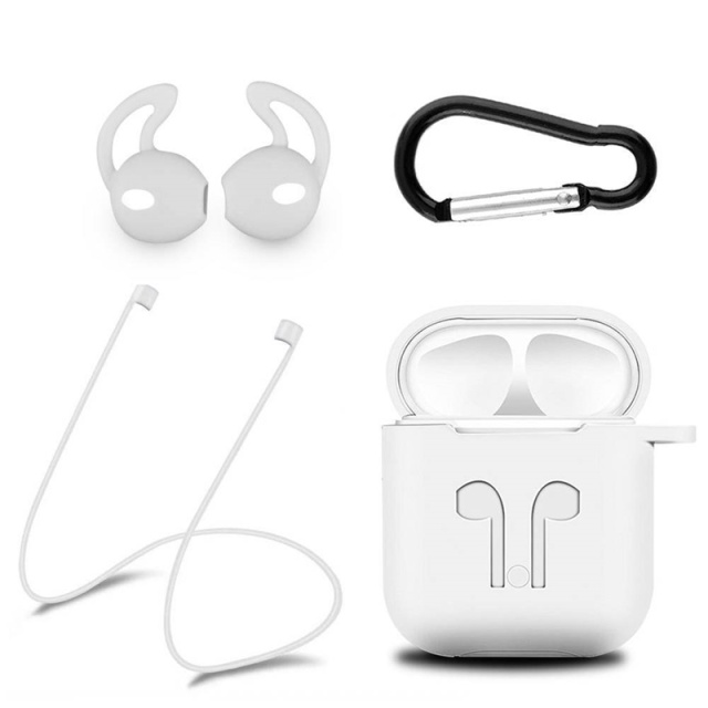Siliconenkit voor Airpods, Siliconen hoesje, Riempje, Siliconen oordopjes, Karabijnhaak, Wit