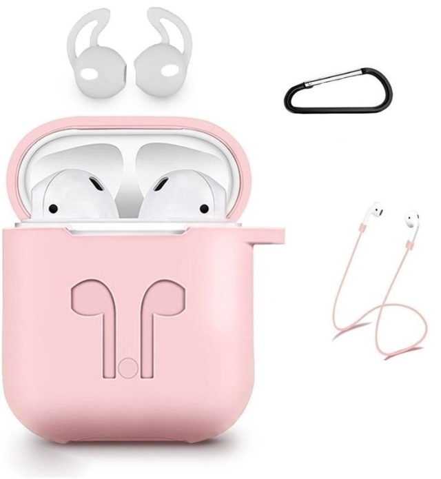 Siliconenkit voor Airpods, Siliconen hoesje, Riempje, Siliconen oordopjes, Karabijnhaak, Roze