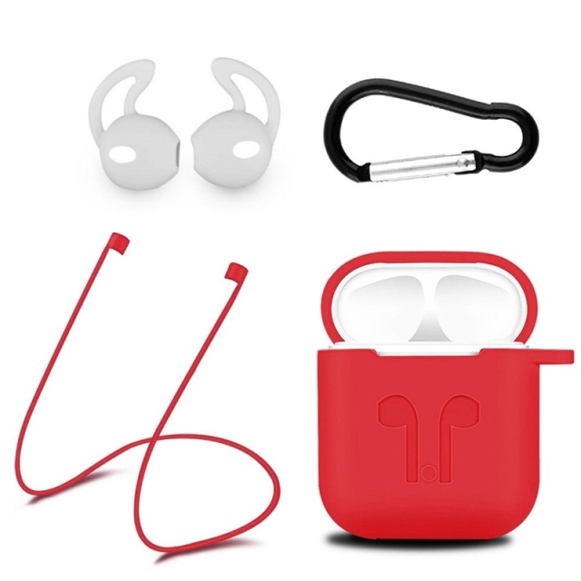 Siliconenkit voor Airpods, Siliconen hoesje, Riempje, Siliconen oordopjes, Karabijnhaak, Rood