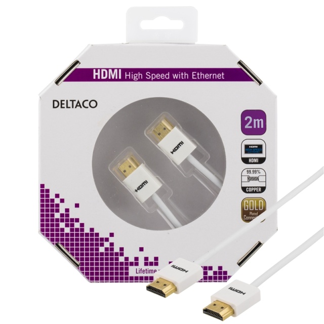 DELTACO thin HDMI cable, HDMI High Speed with Ethernet, 2m, white