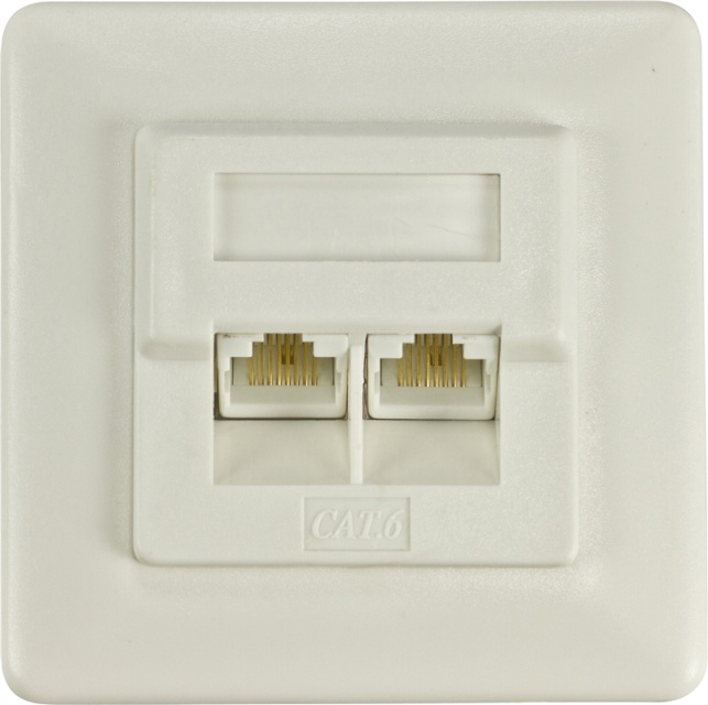 DELTACO oskärmat vägguttag, infällt, 2xRJ45, Cat6, vit