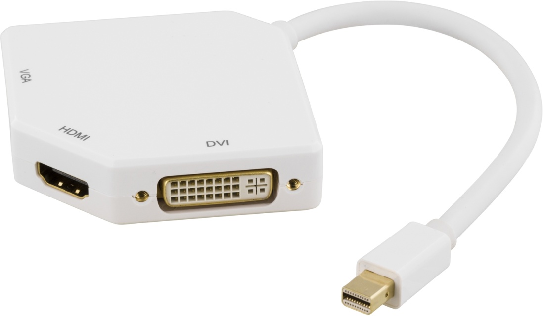 DELTACO Mini DisplayPort naar DVI/HDMI/VGA-adapter, 0,15 m, wit