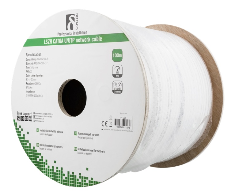 DELTACO U/UTP Cat6a installatiekabel, 100m trommel, 500MHz, LSZH, Wit