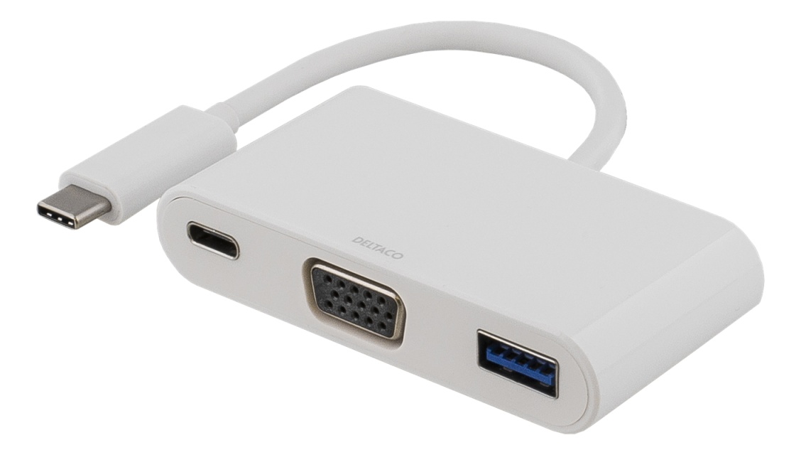 DELTACO USB-C to VGA and USB Type A adapter, USB-C FM, 60W, white