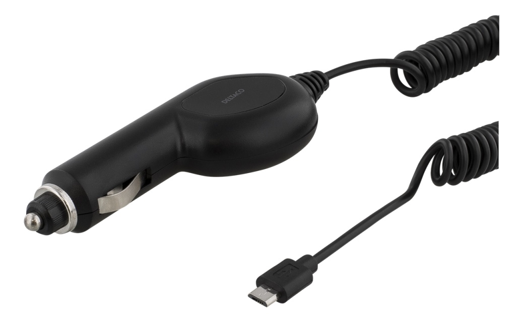 DELTACO autolader met Micro USB, 1A, 12-24V, 1m spiraalkabel, zwart