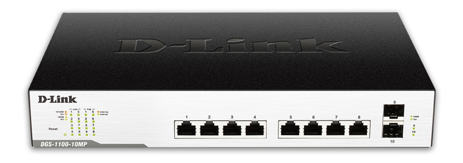 D-Link network switch, 8xRJ45, 2xSFP, PoE plus, Gigabit, black/silver