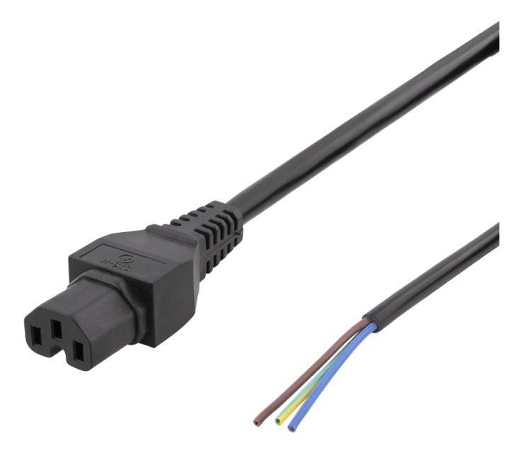 DELTACO C15 to open ended power cord, 2m, IEC C15, 10A, black