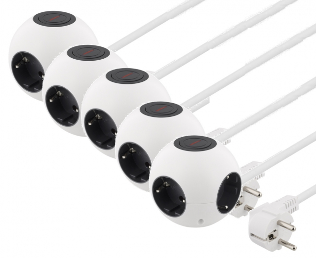 5-pack DELTACO Bolvormige stekkerdoos met schakelaar, 4xCEE 7/4, 1xCEE 7/7, wit
