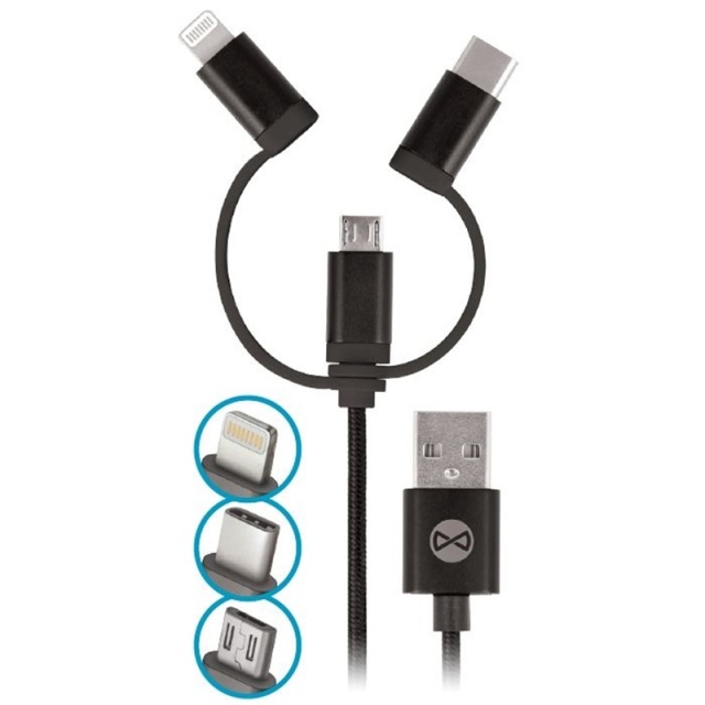 Forever 3in1 nylon microUSB + Lightning + USB type-C zwart