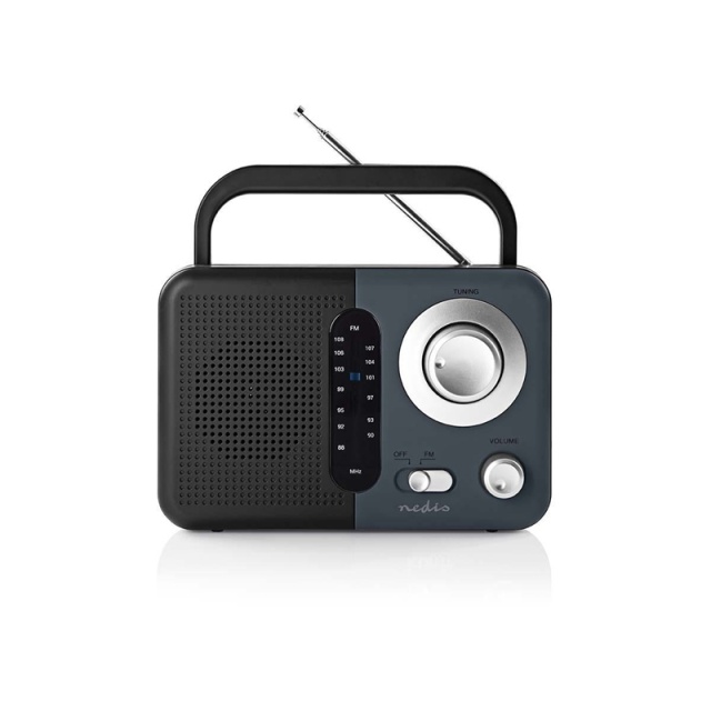 Nedis FM-Radio | Draagbaar Model | FM | Batterij Gevoed / Netvoeding | Analoog | 2.4 W | Zwart-Wit Scherm | Koptelefoonoutput | IP20 | Handvat | Grijs / Zwart