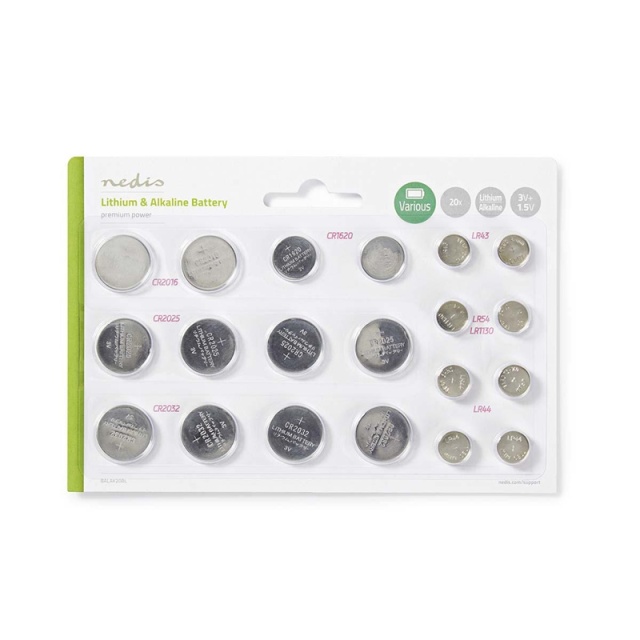 Nedis Lithium / Alkaline Knoopcelbatterij Multipack | 1.5 / 3 V DC | Alkaline / Lithium | CR1620 / CR2016 / CR2025 / CR2032 / LR43 / LR44 / LR54 | Aantal batterijen: 20 Stuks | Blisterkaart | Verschillende apparaten