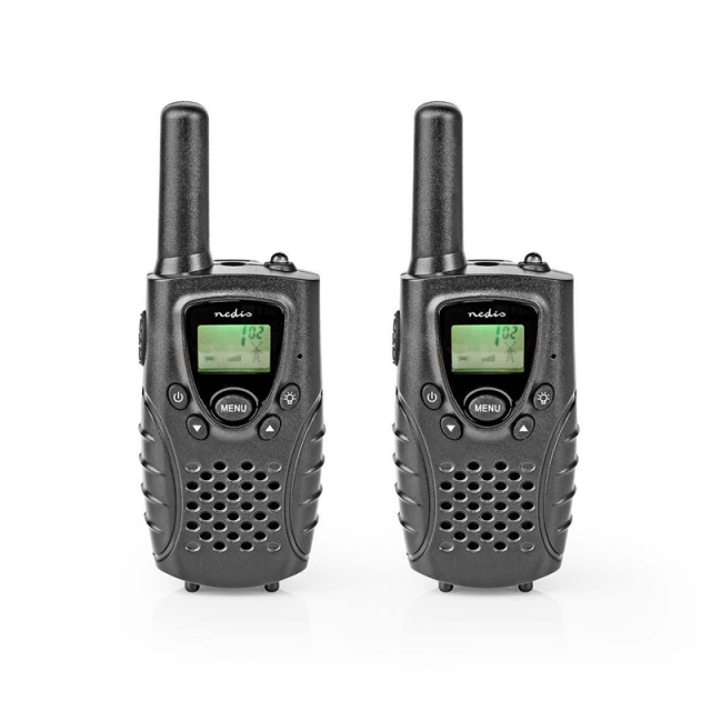 Nedis Walkie talkie Set | 2 Handsets | 8000 m | Aantal frequentiekanalen: 8 | PTT / VOX | 150 min | Koptelefoonoutput | Zwart