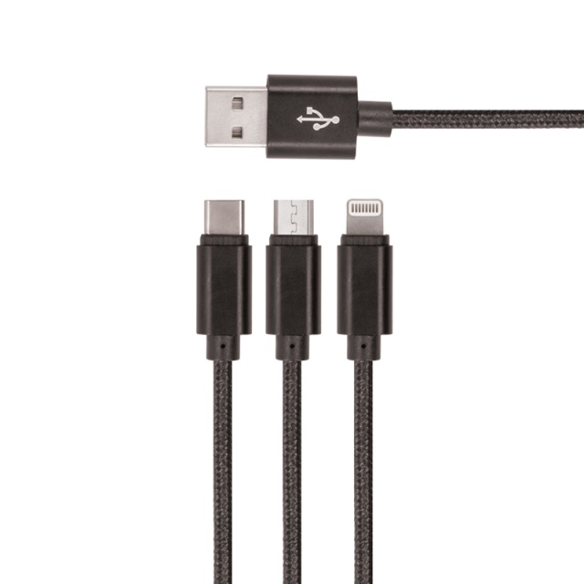Setty 3in1 USB-kabel naar microUSB/USB-C/Lightning, 1,2 m, Zwart