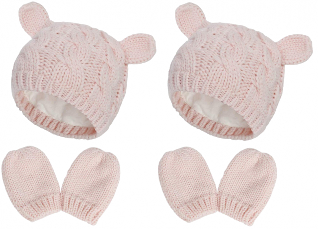2 x Schattige gebreide set met muts en wanten voor baby, Medium, Roze