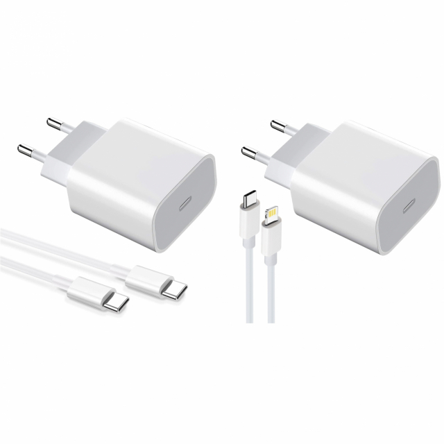 2-pack Oplader voor iPhone/Android 20W met USB-C naar Lightning en USB-C - Snelle oplader