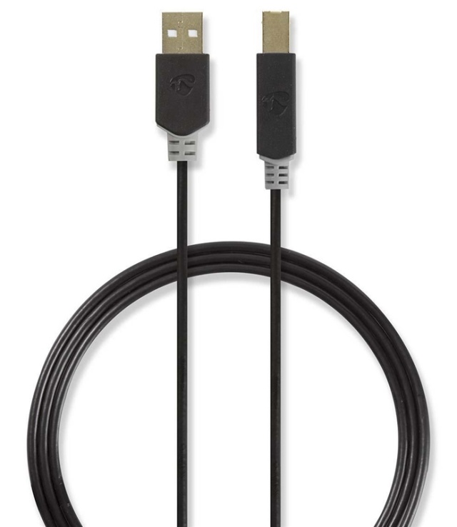 Nedis USB-Kabel | USB 2.0 | USB-A Male | USB-B Male | 480 Mbps | Verguld | 2.00 m | Rond | PVC | Antraciet | Doos