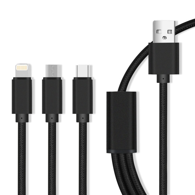3in1 USB Snellaadkabel - microUSB/USB-C/Lightning (2,1A), Zwart