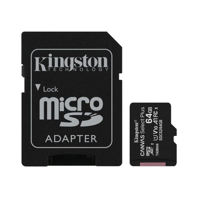 Kingston Canvas Select Plus - microSDXC 64GB, klasse 10, UHS-I, 100MB/s + adapter