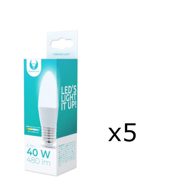 LED Lamp E27, C37, 6W, 4500K 5-pack, Wit neutraal