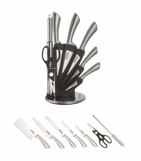 8-delige messenset, draaibaar messenrek, roestvrijstalen messen