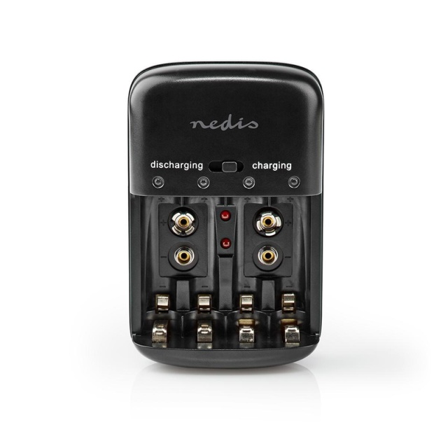 Nedis NiMH-Batterijlader AA / AAA | 1.2 / 9 V DC | 0.5 A | Druppelladen | Type C (CEE 7/16) | Batterijtype: AA / AAA / E-Blok (9V) | Zwart