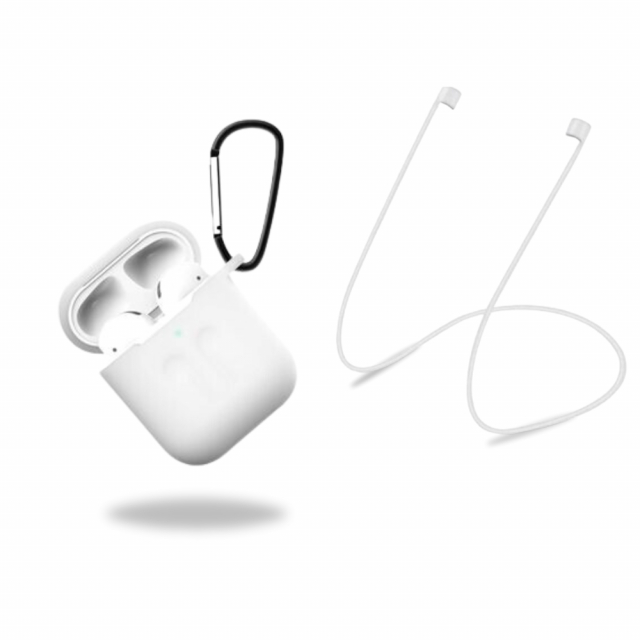 Siliconen beschermhoesje met hoofdtelefoonriem en hanger voor Apple Airpods, Wit/Transparant