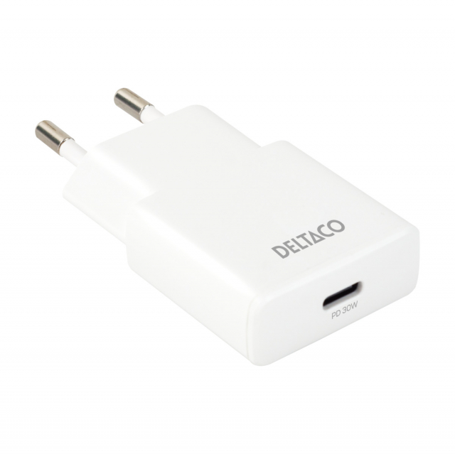 DELTACO USB-C väggladdare, 1x USB-C PD 30 W, slimmad storlek, stödjer PPS