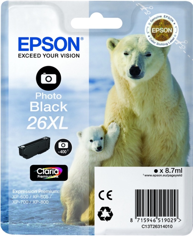 Epson Polar bear Singlepack Photo Black 26XL Claria Premium Ink