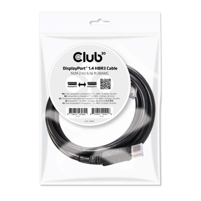 CLUB3D DisplayPort 1.4 HBR3 Cable 2m/6.56ft M/M 8K60Hz