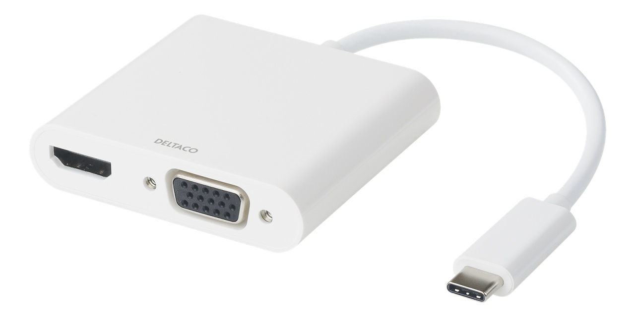 DELTACO USB-C docking station, HDMI/VGA/USB-C, 100W USB-C PD 3.0, whit