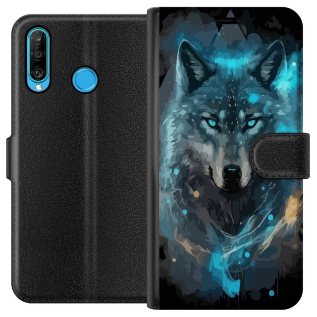 Portemonnee-hoesje voor Huawei P30 lite met Wolf ontwerp