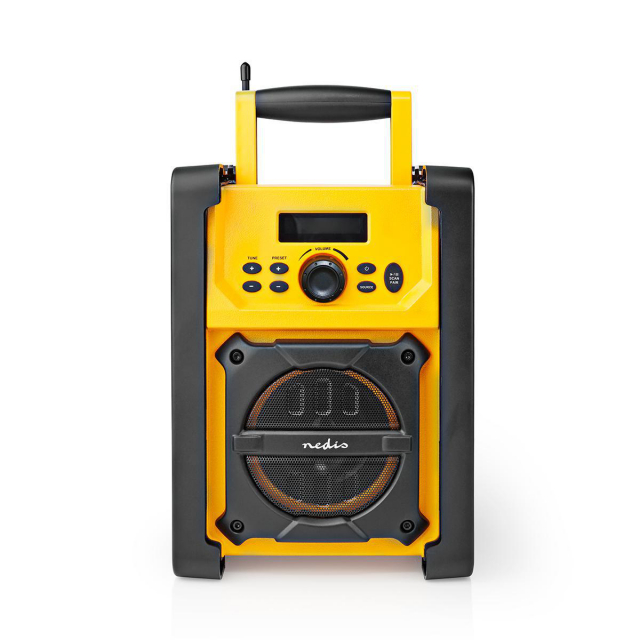 Nedis FM-Radio | Bouwradio | FM | Batterij Gevoed / Netvoeding | Digitaal | 15 W | Scherm grootte: 2.2 " | Blauw-Wit Scherm | IPX5 | Handgreep | Geel / Zwart