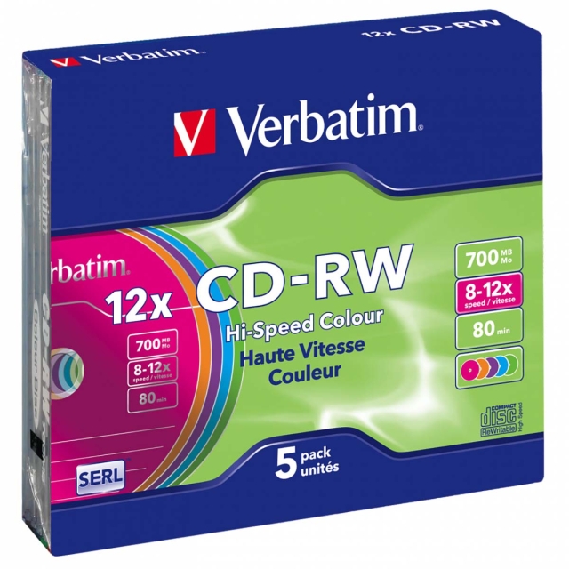 CD-RW 8-12x 700MB kleuren 5 Pack Slim Case