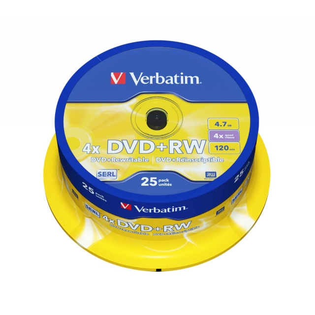 DVD+RW 4x 4.7GB Mat Zilver 25 Pack Spindel