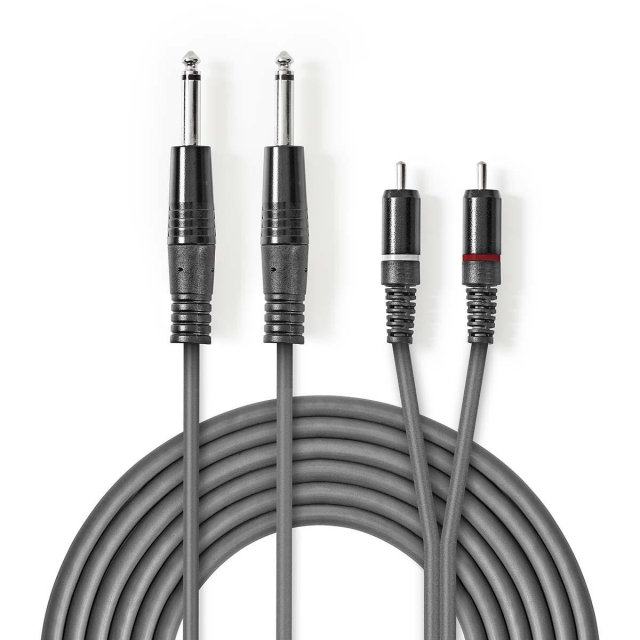 Nedis Stereo-Audiokabel | 2x 6,35 mm Male | 2x RCA Male | Vernikkeld | 3.00 m | Rond | Donkergrijs | Kartonnen Sleeve