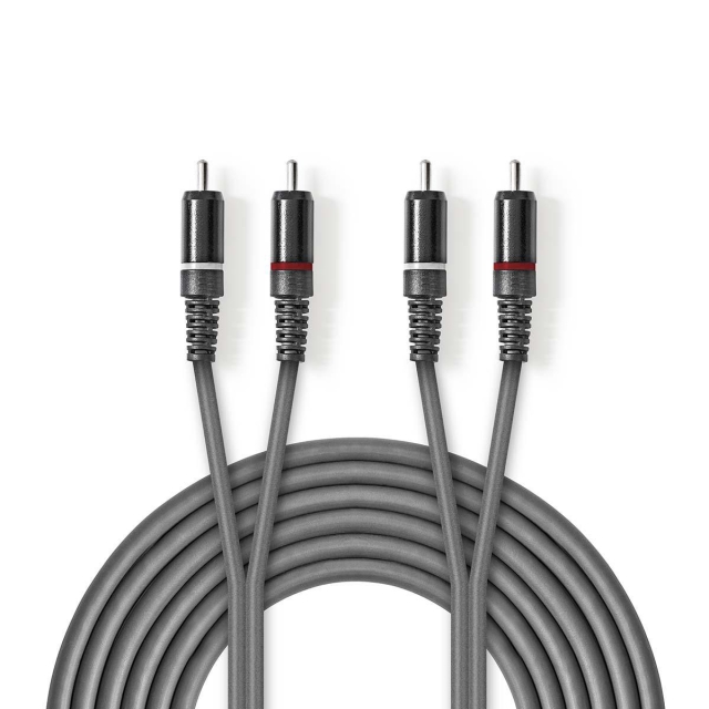 Nedis Stereo-Audiokabel | 2x RCA Male | 2x RCA Male | Vernikkeld | 3.00 m | Rond | Donkergrijs | Kartonnen Sleeve