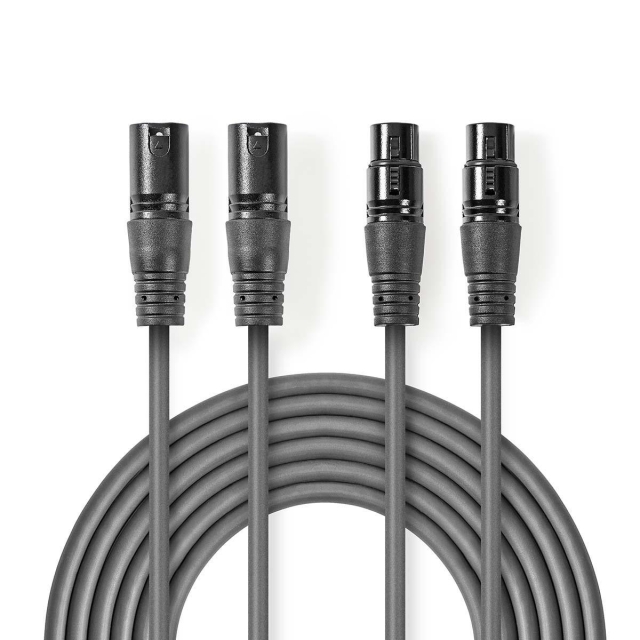 Nedis Gebalanceerde Audiokabel | 2x XLR 3-Pins Male | 2x XLR 3-Pins Female | Vernikkeld | 3.00 m | Rond | PVC | Donkergrijs | Kartonnen Sleeve