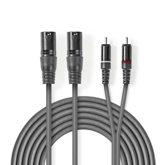 Nedis Gebalanceerde Audiokabel | 2x XLR 3-Pins Male | 2x RCA Male | Vernikkeld | 3.00 m | Rond | PVC | Donkergrijs | Kartonnen Sleeve