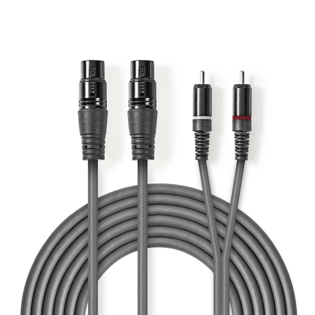 Nedis Gebalanceerde Audiokabel | 2x XLR 3-Pins Female | 2x RCA Male | Vernikkeld | 1.50 m | Rond | PVC | Donkergrijs | Kartonnen Sleeve