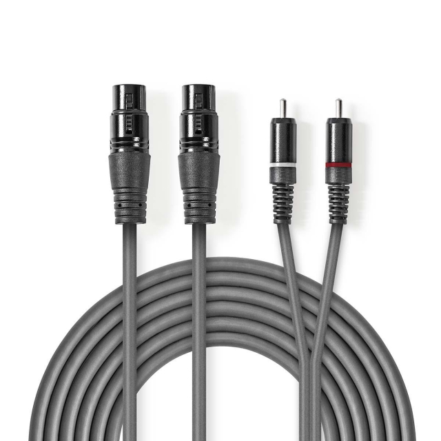 Nedis Gebalanceerde Audiokabel | 2x XLR 3-Pins Female | 2x RCA Male | Vernikkeld | 3.00 m | Rond | PVC | Donkergrijs | Kartonnen Sleeve