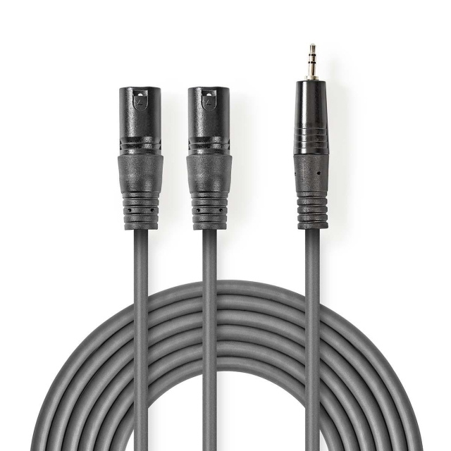 Nedis Gebalanceerde Audiokabel | 2x XLR 3-Pins Male | 3,5 mm Male | Vernikkeld | 1.50 m | Rond | PVC | Donkergrijs | Kartonnen Sleeve