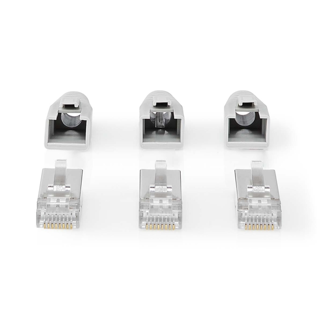 Nedis RJ45-Connector | RJ45 Pass Through | Stevig/Gesnoerd FTP CAT6a | Recht | Verguld | 10 Stuks | Polycarbonate | Grijs / Wit / Zwart | Doos