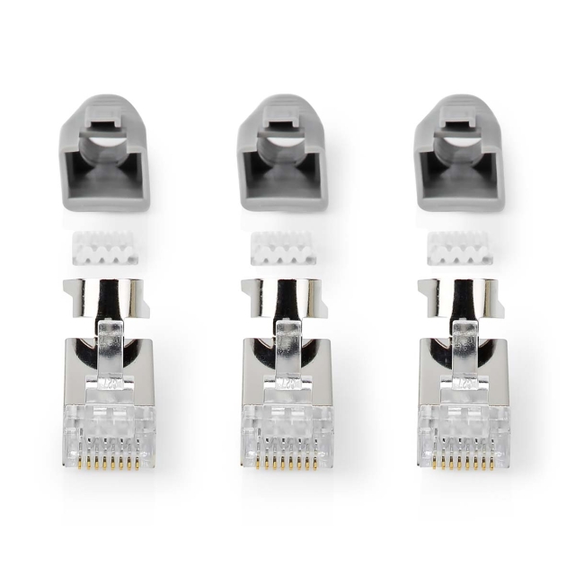 Nedis RJ45-Connector | RJ45 Pass Through | Stevig/Gesnoerd FTP CAT7 | Recht | Verguld | 10 Stuks | Polycarbonate | Grijs / Wit / Zwart | Doos
