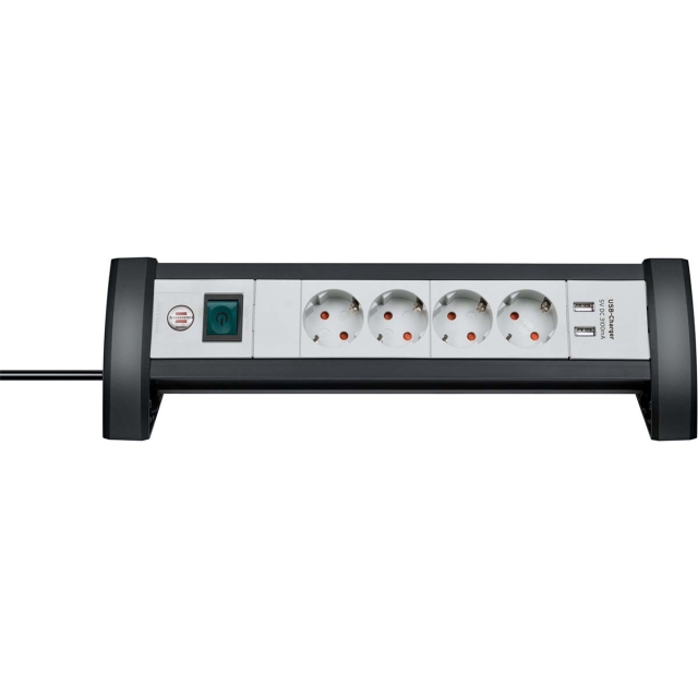 brennenstuhl Premium-Office-Line stekkerdoos 4-voudig met schakelaar (stekkerdoos voor op het bureau met 1,8m kabel en 2x USB, max. 3100 mA, Made in Germany) TYPE F