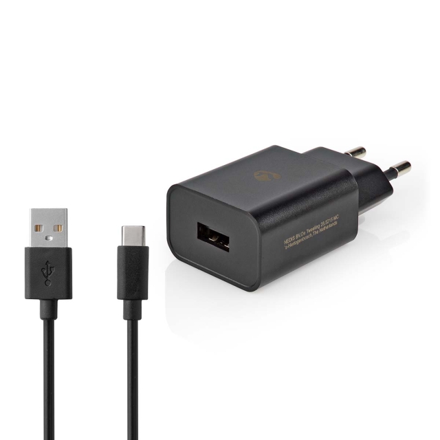 Nedis Oplader | 12 W | Snellaad functie | 1x 2.4 A | Outputs: 1 | USB-A | USB Type-C™ (Los) Kabel | 1.00 m | Single Voltage Output | Zwart