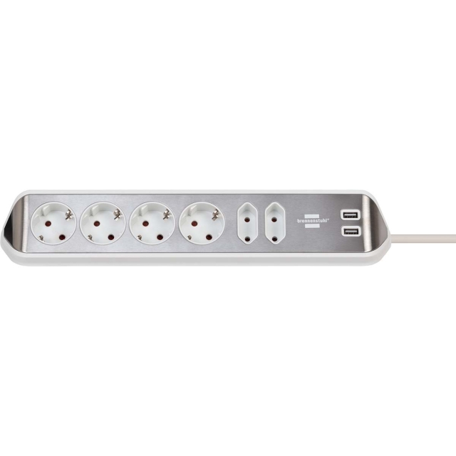 brennenstuhl Estilo 6-voudige hoek-stopcontactstrip met hoogwaardig RVS-oppervlak voor keuken en kantoor (bureaucontactdoos met 4x veiligheidscontactdozen, 2x Euro-stopcontacten, incl. USB-oplaadfunctie) zilver/wit TYPE F