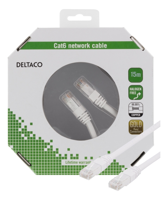 DELTACO U/UTP Cat6 patchkabel, 15m, 250MHz, Delta, LSZH, wit